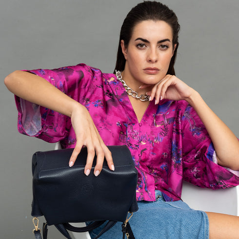 Bolso bandolera para mujer de piel con asas de mano azul marino Amelie