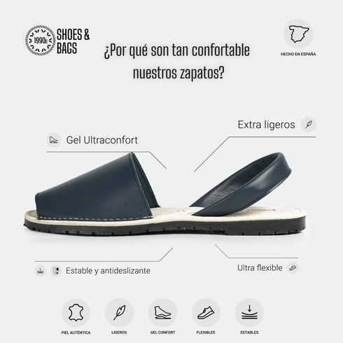 Menorquinas de piel para mujer azul marino Adara