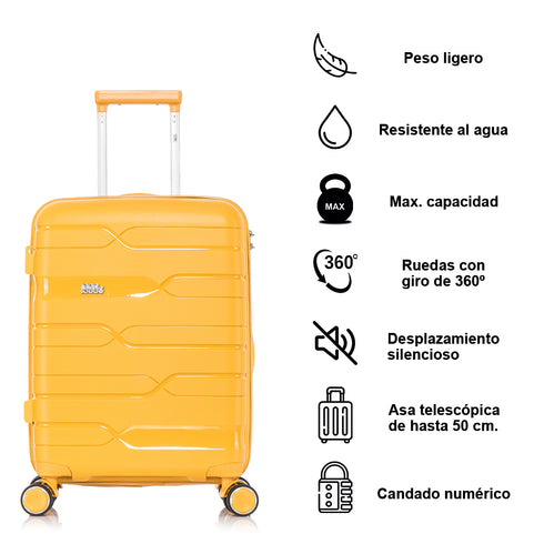 Juego de maletas PP Rígida 3 piezas|Maleta Cabina 55cm|Maleta Mediana 65cm Expandible |Maleta Grande 75cm Expandible |Bass Amarillo
