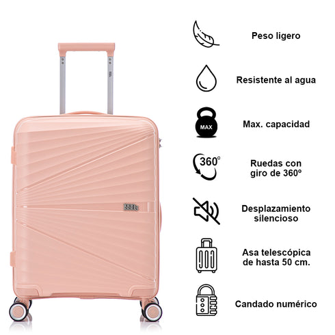 Maleta de cabina 55x39x21.5 cm (46L) Polipropileno - Candado Incrustado - 20 Pulgadas - Rosa Claro - Choco