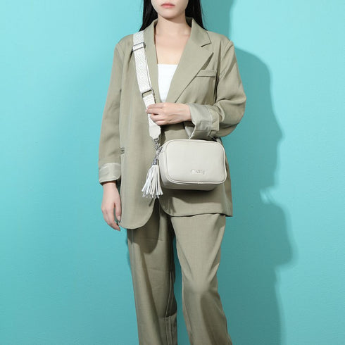 Bolso bandolera mujer pequeño de cuero PU dos compartimentos y dos bandoleras, bolso mensajero para cruzar polipiel regalo original para mujer - Beige