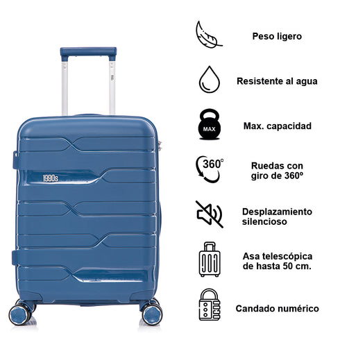 Maleta de cabina 55x38x22 cm (44L) Polipropileno - Candado Incrustado - 20 Pulgadas - Azul marino - Bass