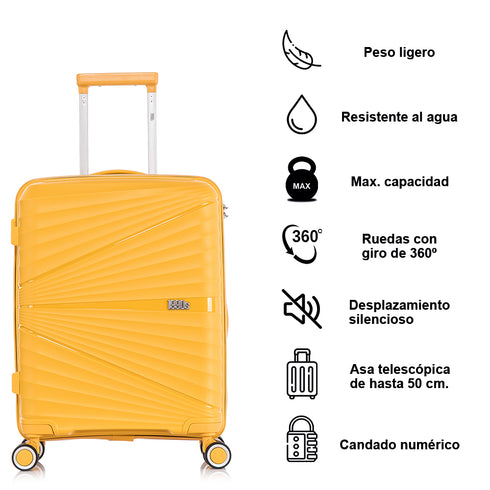 Juego de maletas PP Rígida 3 piezas|Maleta Cabina 55cm|Maleta Mediana extensible 65cm|Maleta Grande Extensible 75cm|Choco Amarillo
