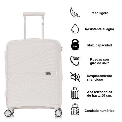 Juego de maletas PP Rígida 3 piezas|Maleta Cabina 55cm|Maleta Mediana extensible 65cm|Maleta Grande Extensible 75cm|Choco Blanco
