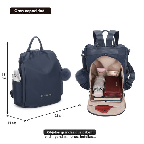 Mochila antirrobo Impermeable para mujer (14.80L) | Mochila Convertible en bolso con pompón y asa desmontable de adorno Azul Marino