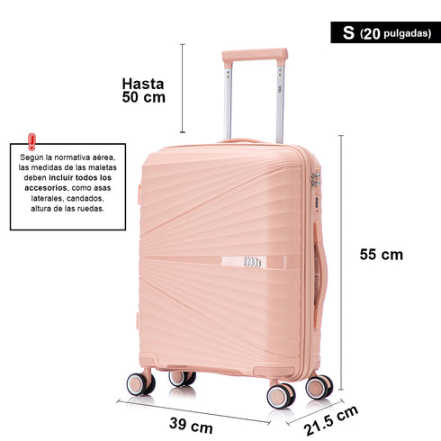 Maleta de cabina 55x39x21.5 cm (46L) Polipropileno - Candado Incrustado - 20 Pulgadas - Rosa Claro - Choco