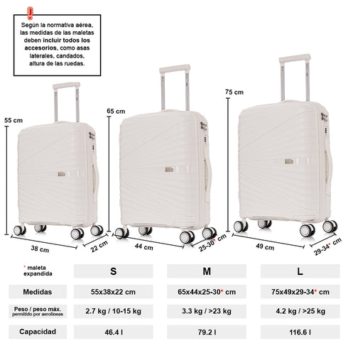 Juego de maletas PP Rígida 3 piezas|Maleta Cabina 55cm|Maleta Mediana extensible 65cm|Maleta Grande Extensible 75cm|Choco Blanco