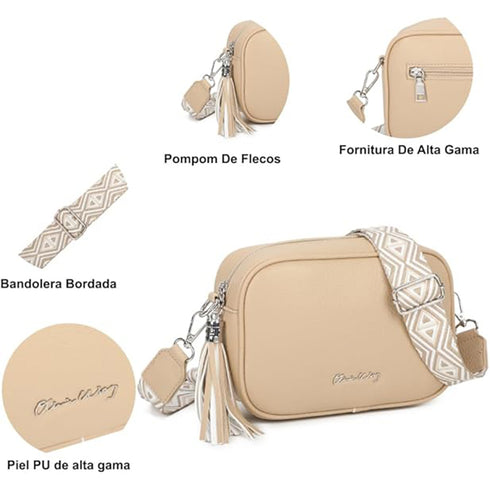 Bolso bandolera mujer pequeño de cuero PU con dos bandoleras bolso mensajero para cruzar PU - Taupe