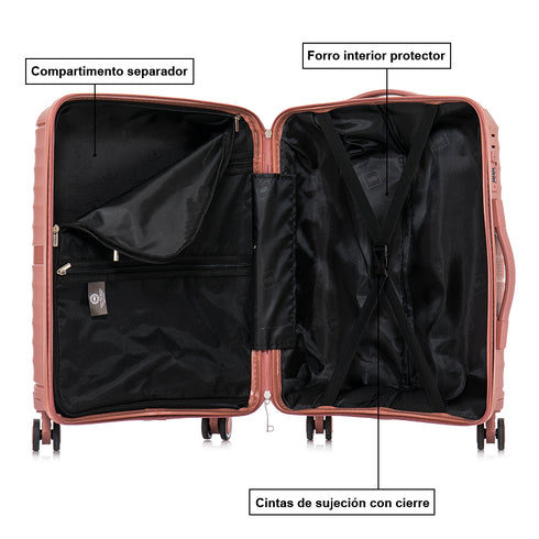 Mala de cabine 55x39x21.5 cm (46L) Polipropileno - Cadeado Embutido - 20 Polegadas - Rosa Dourado - Chocolate