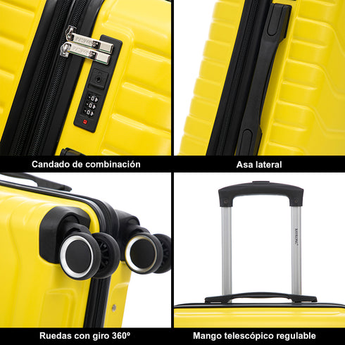 RAYKONG Maleta Mediana Expandible ABS+Policarbonato 66x45x27.50cm - 30cm Extendido | 82L - 90L | 24 Pulgadas |23kg semirígidas candado combinación - Amarillo