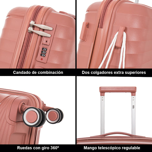 Conjunto de Malas PP Rígida 3 peças|Mala de Cabine 55cm|Mala Média extensível 65cm|Mala Grande extensível 75cm|Chocolate Rosa