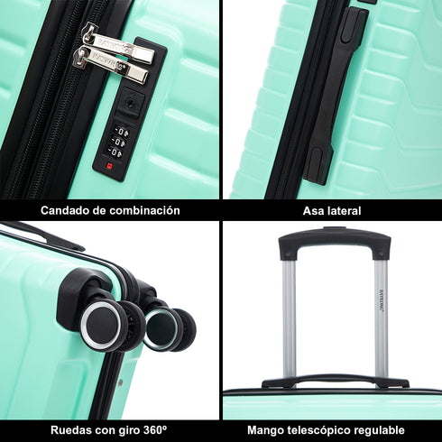 Conjunto de 3 Maletas|Neceser 29x35x16.50cm|Maleta Cabina ABS+PC 55x40x20cm|Mediana Expandible 20kg-23kg - 66x45x27.50-30cm | Menta