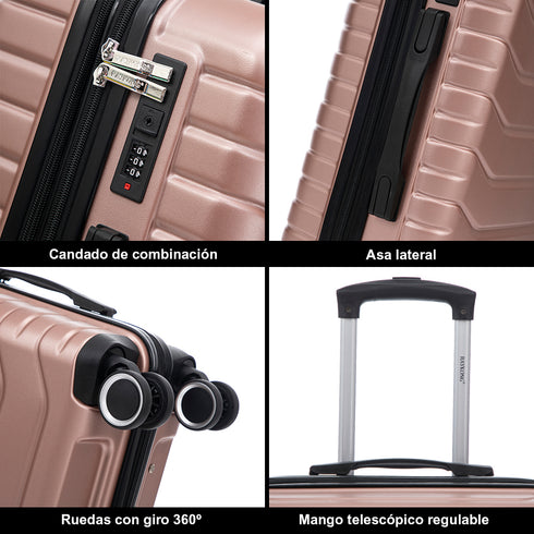 Conjunto de 4 Maletas ABS+PC|Neceser 29cm|Cabina 55x40x20cm|Mediana Expandible 20kg-23kg - 66x45x27.50-30cm|Grande Expandible 23kg-25kg - 75x49x31-33.50cm | RosaDorada