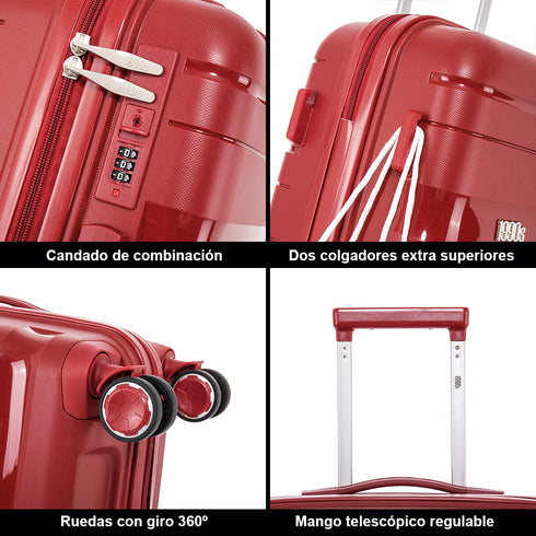 Conjunto de malas de viagem PP Rígida 3 peças|Mala de Cabine 55cm|Mala Média 65cm Expansível |Mala Grande 75cm Expansível |Bass Vermelho