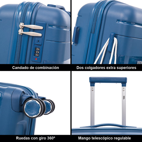 Conjunto de Malas Rígidas em PP, 3 peças|Mala de Cabine 55cm|Mala Média 65cm Expansível |Mala Grande 75cm Expansível |Baixo Azul