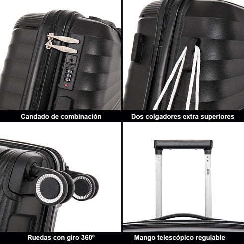 Conjunto de Malas PP Rígida 3 peças|Mala de Cabine 55cm|Mala Média 65cm Expansível |Mala Grande 75cm Expansível |Choco Preto