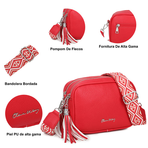 Bolso bandolera mujer pequeño de cuero PU dos compartimentos y dos bandoleras, bolso mensajero para cruzar polipiel regalo original para mujer - Rojo