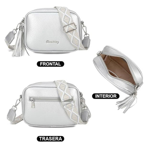 Bolso bandolera mujer pequeño de cuero PU con dos bandoleras bolso mensajero para cruzar PU - Plata