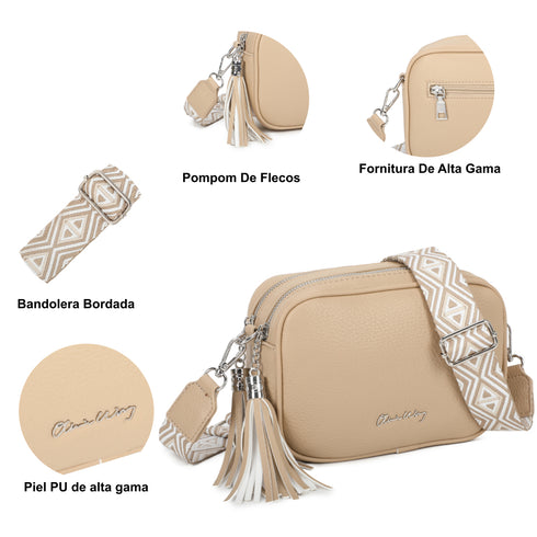 Bolso bandolera mujer pequeño de cuero PU dos compartimentos y dos bandoleras, bolso mensajero para cruzar polipiel regalo original para mujer - Khaki