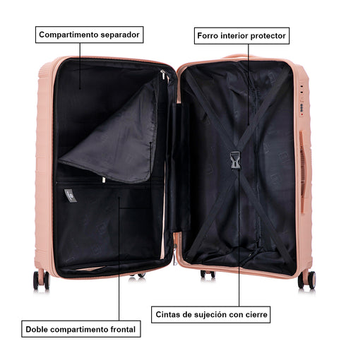 Maleta de cabina 55x39x21.5 cm (46L) Polipropileno - Candado Incrustado - 20 Pulgadas - Rosa Claro - Choco