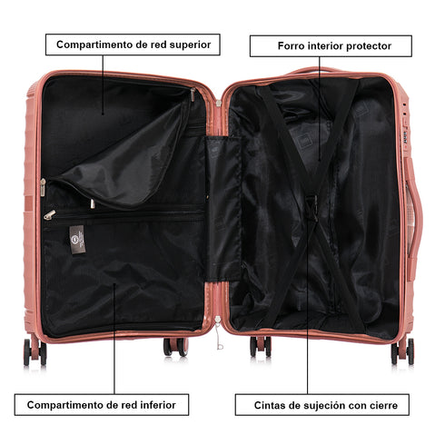 Conjunto de Malas PP Rígida 3 peças|Mala de Cabine 55cm|Mala Média extensível 65cm|Mala Grande extensível 75cm|Chocolate Rosa