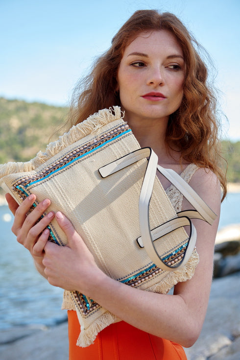 Bolso shopper para mujer de lona étnica beige Indira