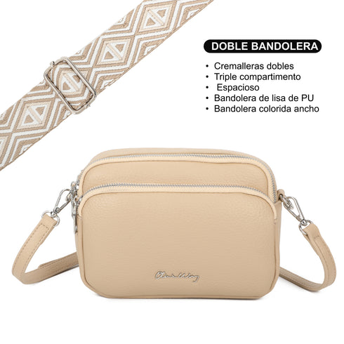 Bolso bandolera mujer pequeño de cuero PU tres compartimentos y dos bandoleras, bolso mensajero para cruzar polipiel regalo original para mujer - Taupe