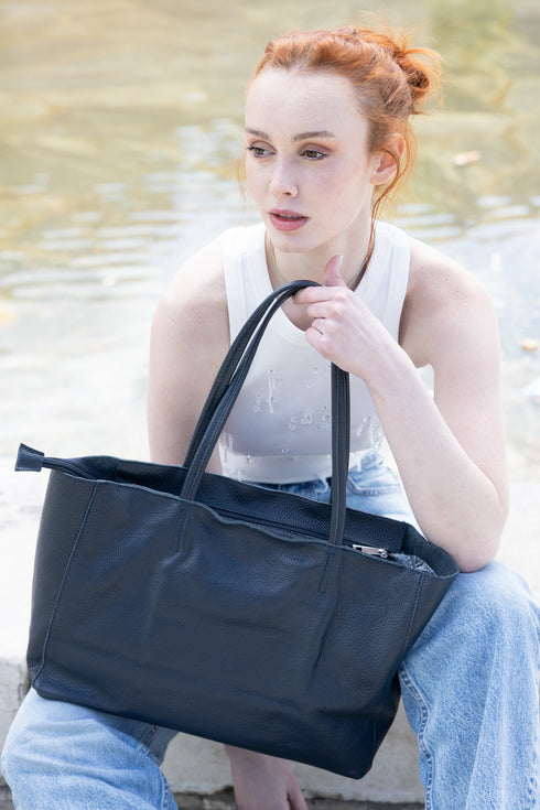 Bolso shopper para mujer de piel para personalizar azul marino Luna