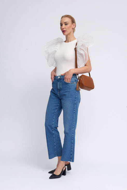 Bolso de Piel bandolera cuadrado marrón con pompón de mujer Cristin