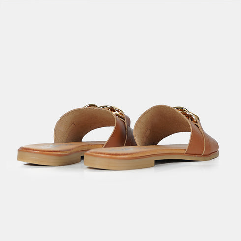 Sandalias de mujer de piel con adorno marrón cuero Charo