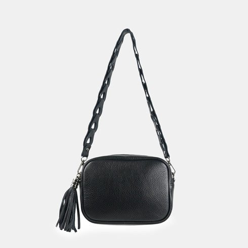 Bolso de bandolera piel con pompón Cristin Primavera Negro