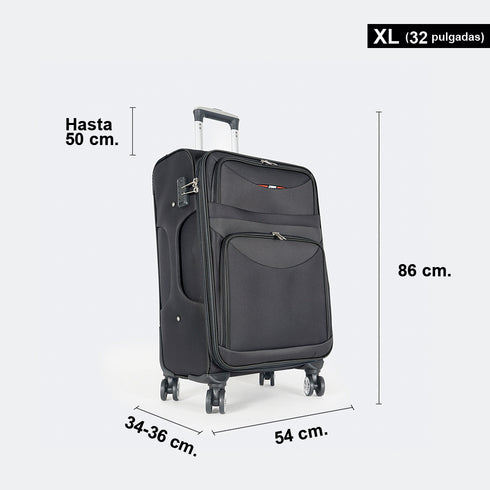 Maleta de viaje blanda extensible 56cm/66cm/76cm/86cm, 10kg/15kg/20kg/23kg, de tela poliéster Pissa Negro